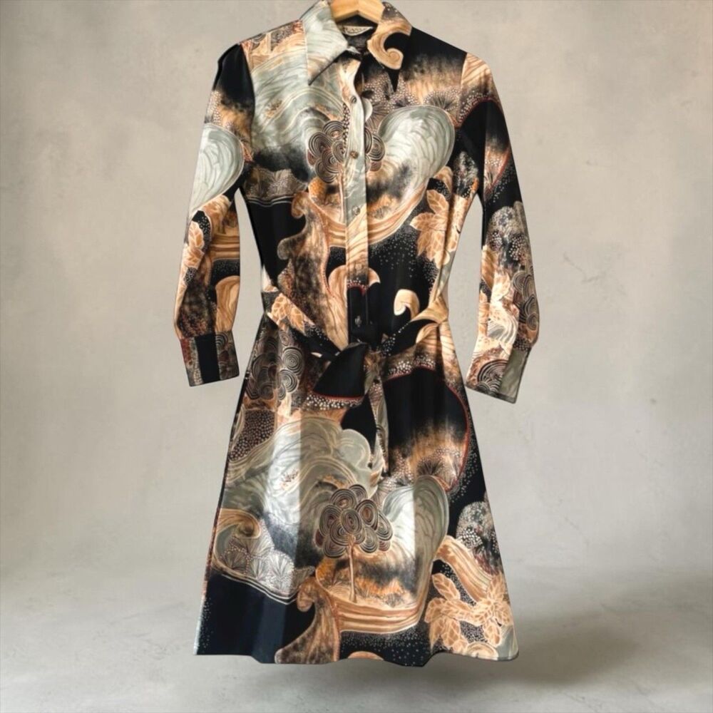 Vintage Lanvin Paris Shirt Dress Sash Japanese Scenic Print Size 8 1970s Belted